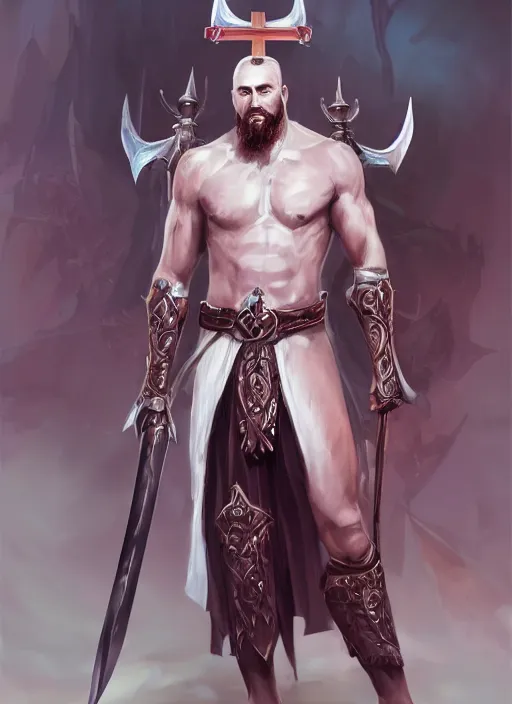 Prompt: a highly detailed illustration of sadistic white slick backed haired african warrior wearing priest robe with cross on chest, wielding blades made of blood, evil standing smiling pose, muscular, intricate, elegant, highly detailed, centered, digital painting, artstation, concept art, smooth, sharp focus, league of legends concept art, WLOP