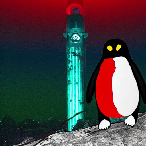 Image similar to penguin with red glowing eyes in front of a green glowing tower in the background, lord of the rings style