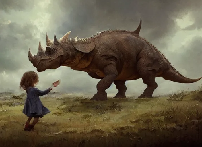 Image similar to a cute little girl with wavy curly brown hair meets a triceratops. beautiful painting by greg rutkowski