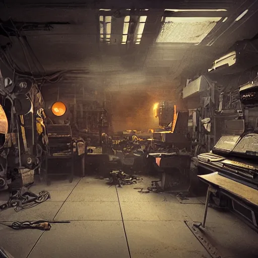 Prompt: original commodore 6 4, dark messy smoke - filled cluttered workshop, dark, dramatic lighting, orange tint, cinematic, highly detailed, sci - fi, futuristic, movie still