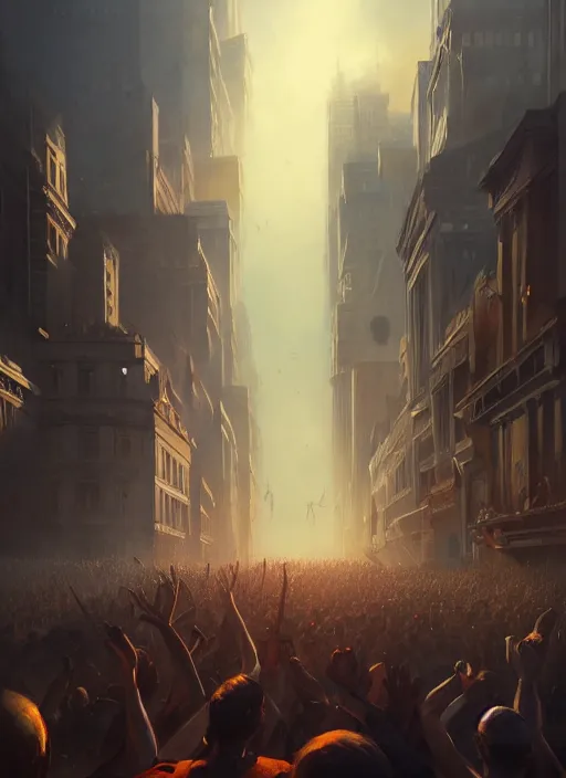 Image similar to painting of a crowd with raised arms pointing toward, demonstration in city, cinematic view, epic sky, detailed, concept art, low angle, high detail, warm lighting, volumetric, godrays, vivid, beautiful, trending on artstation, by jordan grimmer, huge scene, art greg rutkowski