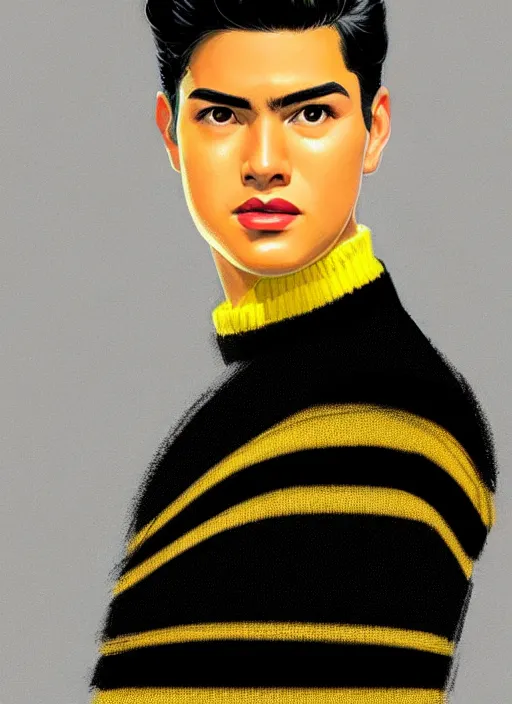 Image similar to portrait of young reggie mantle, mean smirk, egotistical, slicked back hair, striped yellow and black sweater, 1 9 5 0 s, intricate, elegant, glowing lights, highly detailed, digital painting, artstation, concept art, smooth, sharp focus, illustration, art by wlop, mars ravelo and greg rutkowski