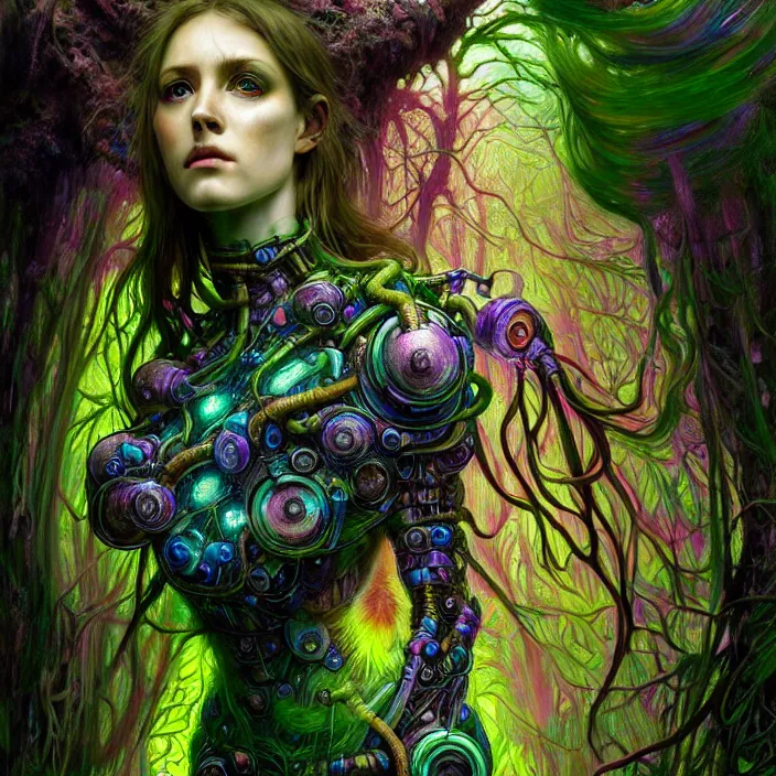 Image similar to bright psychedelic portrait of organic cyborg covered in moss in an ancient forest, diffuse lighting, fantasy, intricate, elegant, highly detailed, lifelike, photorealistic, digital painting, artstation, illustration, concept art, smooth, sharp focus, art by John Collier and Albert Aublet and Krenz Cushart and Artem Demura and Alphonse Mucha