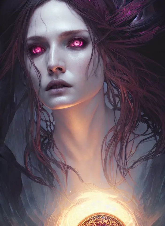 Image similar to Necromancer Sorceress face in center, fantasy magic, undercut hairstyle, dark light night, intricate, elegant, sharp focus, illustration, highly detailed, digital painting, concept art, matte, art by WLOP and Artgerm and Greg Rutkowski and Alphonse Mucha, masterpiece