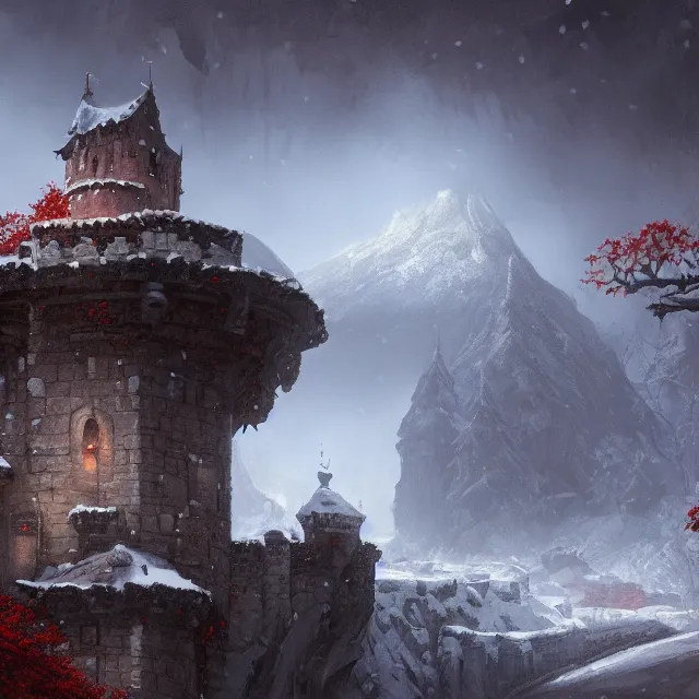 Prompt: a painting of a castle in the middle of a snowy mountain, a detailed matte painting by andreas rocha and greg rutkowski, autumn, fall colors, dusk, featured on artstation, fantasy art, matte drawing, matte painting, artstation hq