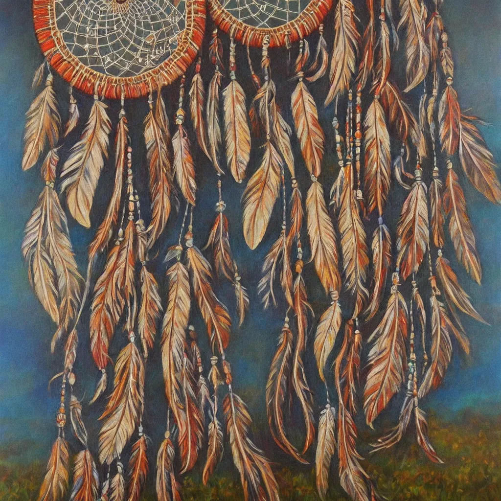 Image similar to dreamcatcher, native american art, peaceful, countryside, realistic, oil painting