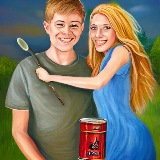 Prompt: a highly detailed painting of a young couple holding a tin can, hjalteyri, summer, blonde hair, trending on artstation,