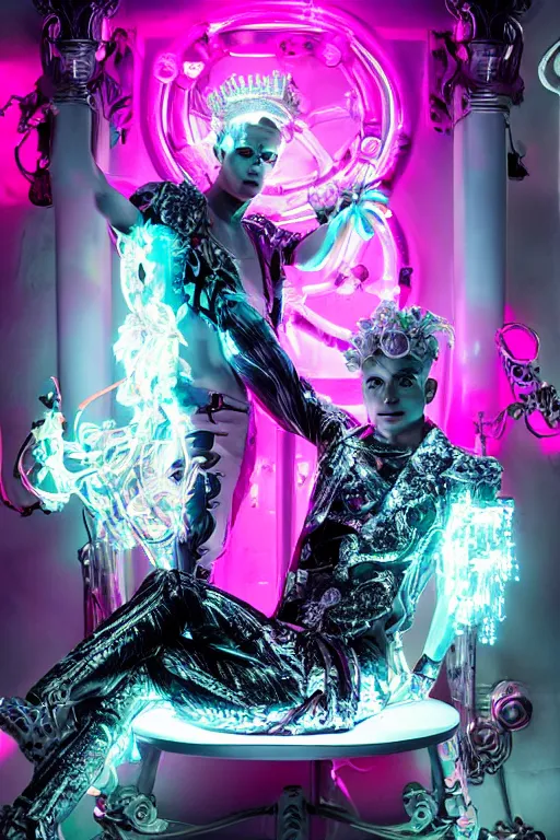 Image similar to full-body rococo and cyberpunk style neon statue of a muscular attractive Joe Jonas macho dotado e rico android sim roupa reclining con las piernas abertas e la piroca dura, glowing white laser eyes, prince crown of pink gears, diamonds, swirling silver-colored silk fabric. futuristic elements. full-length view. space robots. human skulls. intricate artwork by caravaggio. Trending on artstation, octane render, cinematic lighting from the right, hyper realism, octane render, 8k, depth of field, 3D