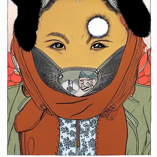 Prompt: a portrait of an asian girl, face covered witj a fox mask by geof darrow,