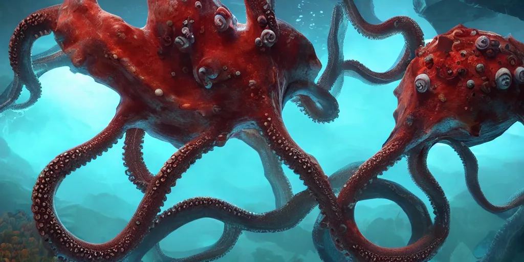 Prompt: underwater enviroment with a giant octopus boss creature with tentacles , unreal 5, hyperrealistic, realistic, photorealistic, dynamic lighting, highly detailed, cinematic landscape, studio landscape, studio lighting