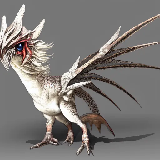 Prompt: medium sized pet white feathered wyvern, highly detailed