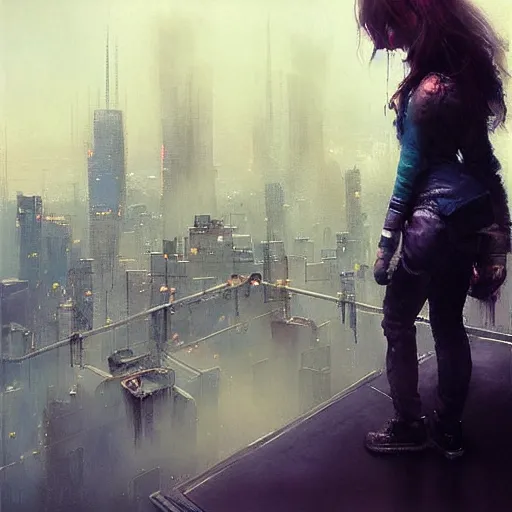 Image similar to “ girl standing on a roof looking down at a foggy futuristic new york city below, ghostpunk, cyberpunk, very detailed, by daniel gerhartz ”