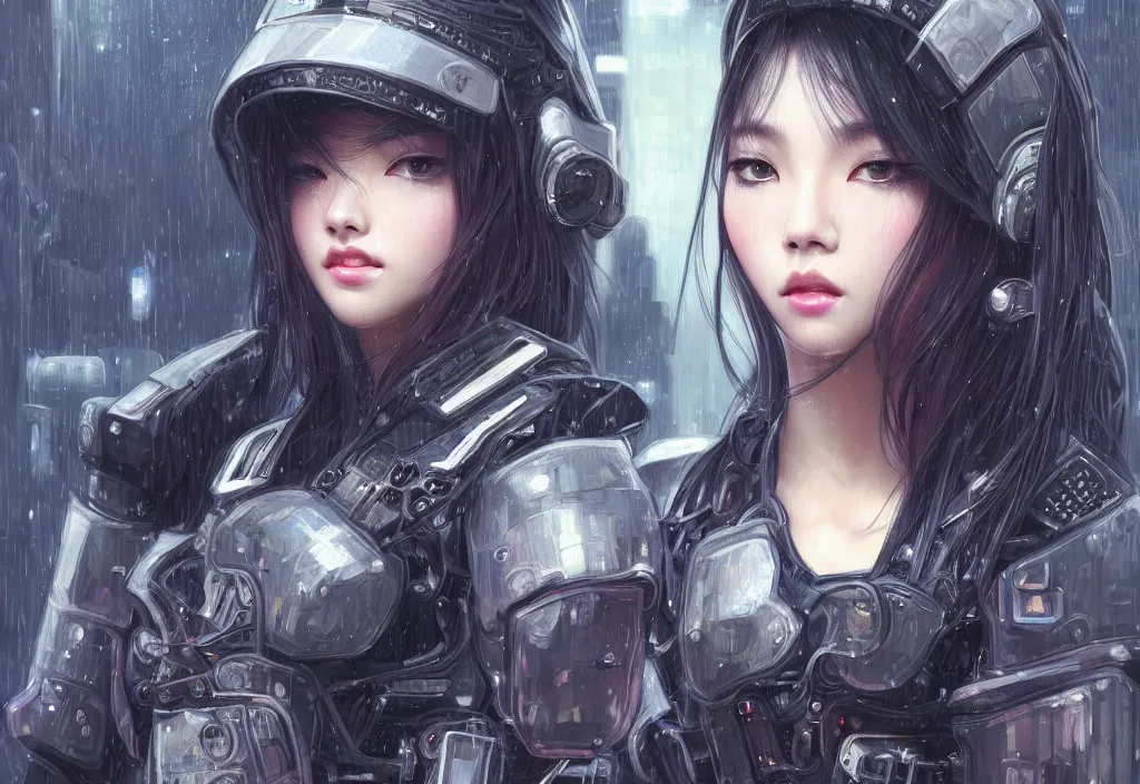 Prompt: portrait lisa blackpink + medium grey hair of futuristic police girl, black armored uniform, at futuristic cyberpunk color tokyo rainy night, ssci - fi and fantasy, intricate and very very very beautiful, highly detailed, digital painting, artstation, concept art, smooth and sharp focus, illustration, art by tian zi and wlop and alphonse mucha