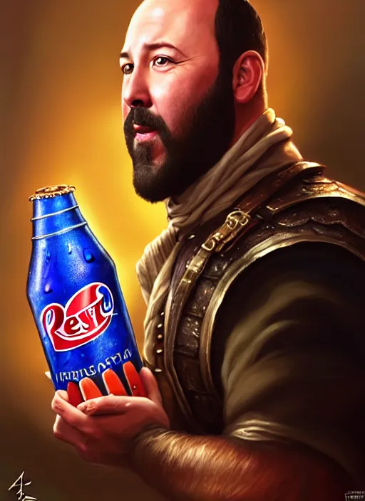 Image similar to a _ fantasy _ style _ portrait _ painting _ of burt kreischer drinking pepsi, rpg dnd oil _ painting _ unreal _ 5 _ daz. _ rpg _ portrait _ extremely _ detailed _ artgerm _ greg _ rutkowski _ greg