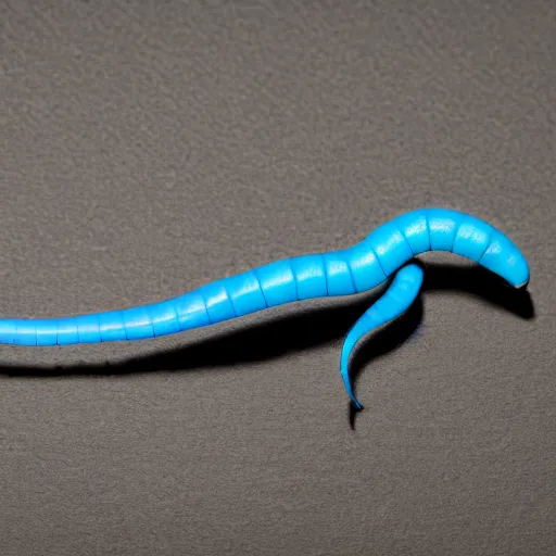 Image similar to studio photograph of a matte dark gray worm with a neon blue head and tail