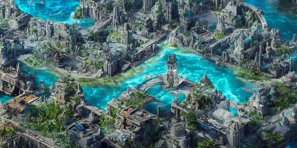 Image similar to Lost city of Atlantis surrounded by oil slick, Disney, hyper real, detailed, octane render, 8k,