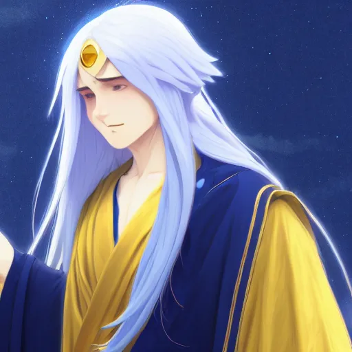 Prompt: card art of a young man wizard with long white hair wearing blue and golden robes, makoto shinkai, very detailed, matte, tonemapping, bbwchan, perfection, 4K, William-Adolphe Bouguereau