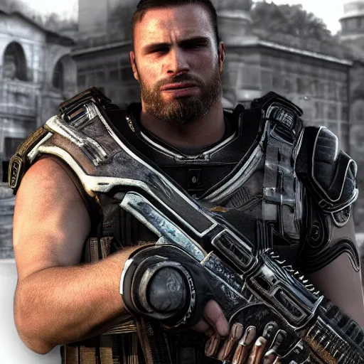 Image similar to GigaChad in Gears of War, highly detailed, high quality, HD, 4k, 8k, Canon 300mm, professional photographer, 40mp, lifelike, top-rated, award winning, realistic, sharp, no blur, edited, corrected, trending