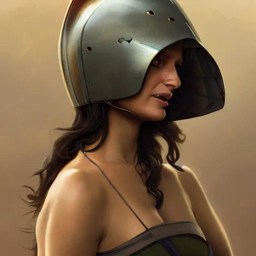 Image similar to an attractive young heavily pierced female wearing an shark helmet, uma thurman, olive skin, long dark hair, beautiful bone structure, intricate, elegant, highly detailed, digital painting, artstation, concept art, smooth, sharp focus, illustration, art by artgerm and greg rutkowski and alphonse mucha