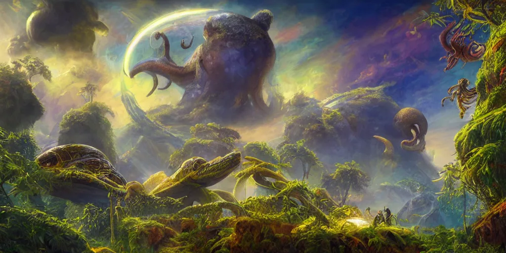 Image similar to fantasy oil painting, klattu's radiant spacecraft, outer worlds, great leviathan, turtle cephalopod terrapin reptilian pachyderm amphibian hybrid, rainforest mountains, lush plants flowers, epic natural light, bright clouds, luminous sky, bright cinematic key lighting, michael cheval, michael whelan, vray, 8 k hd