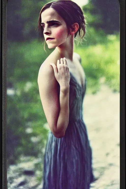 Prompt: color polaroid of Emma Watson by Andrei Tarkovsky, Richard Schmid, Jeremy Lipking full length shot, wearing in a summer dress, very detailed, stunning light, beautiful face, beautiful hands, crossed arms