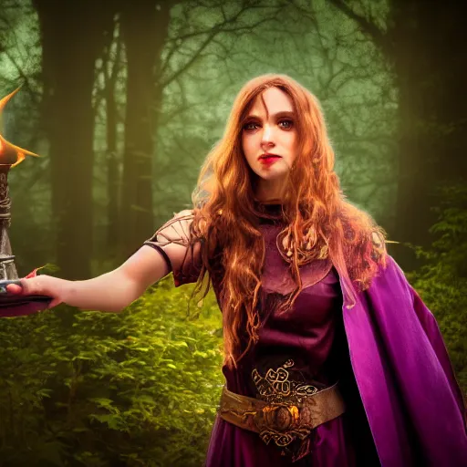 Image similar to female warlock casting magic spell ,fantasy, D&D, HDR, natural light, dynamic pose, award winning photograph, 8k, Mucha style,