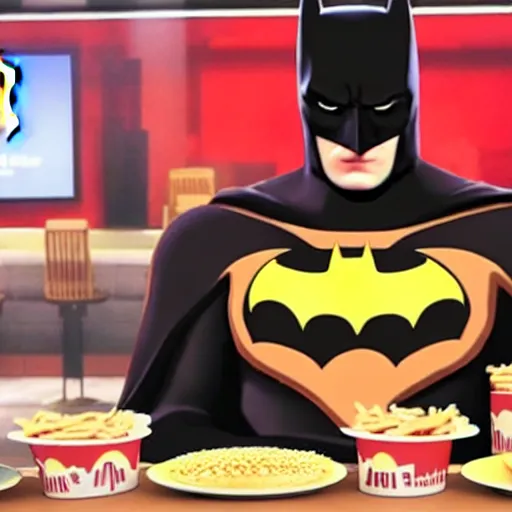 Prompt: A still of Batman eating at McDonalds, 4k, photograph, ultra realistic, highly detailed, studio lighting