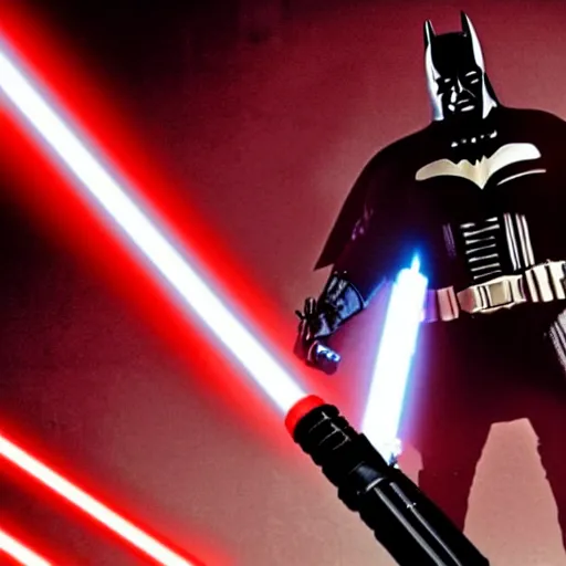 Prompt: hd photograph movie still of batman wielding a red lightsaber in star wars 2 0 0 5