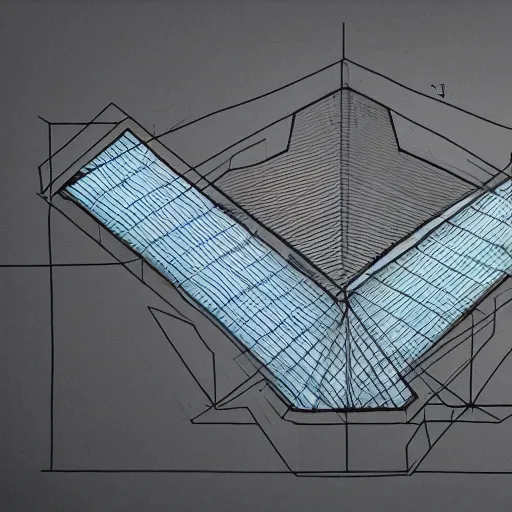 Image similar to schematic drawing of futuristic building with pencils and triangle ruler lying next to the drawing