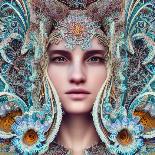 Image similar to wonderful princess of fractals and patterns, beautiful face, hyper detailed, background intricate and detailed, ornate 8 k gorgeous intricate detailed, octane render