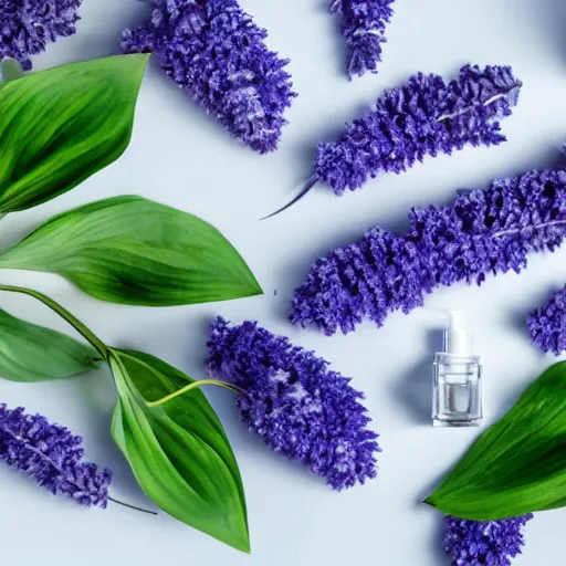 Prompt: cool blue perfume bottle surrounded by a plethora of sparse cool blue and lavendar flowers and green stems, bright white realistic, up close shot, white background, zen, light, modern minimalist f 2 0 clean