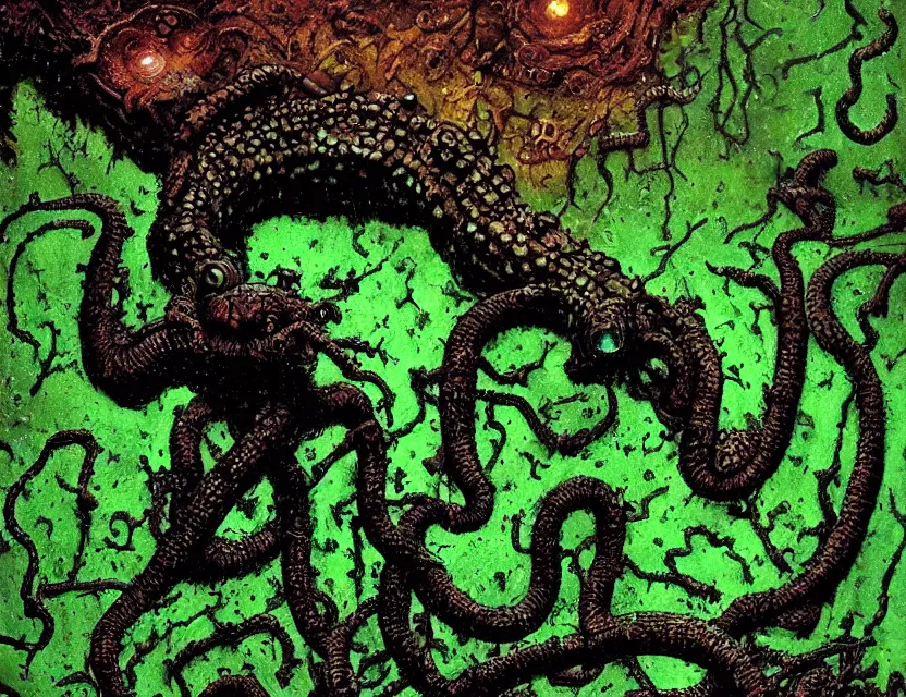 Prompt: a close - up view portrait of a silhouetted supernatural fungal growth fungus snake in brutalist halls with metallic alien technology. close - up view, detailed textures. glowing green purple fog, dark black background. poison skull face, highly detailed fantasy science fiction painting by moebius, norman rockwell, frank frazetta, and syd mead. rich colors, high contrast