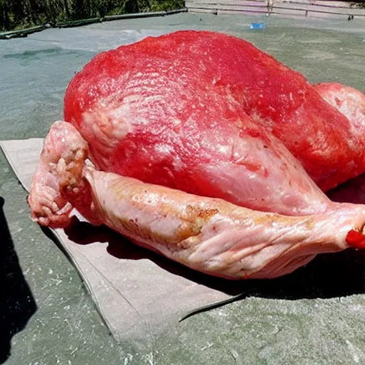 Image similar to the world\'s largest raw chicken going down a slip \'n\' slide