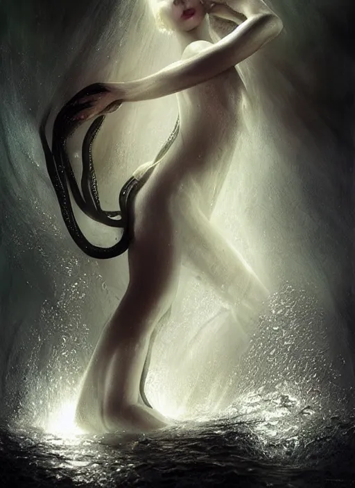 Prompt: a beautiful pale human, wrapped in black tentacles, wet fabric, floating in water, bubbles rising, full body, photo realistic, fantasy art, volumetric lighting, by charlie bowater, by karol bak