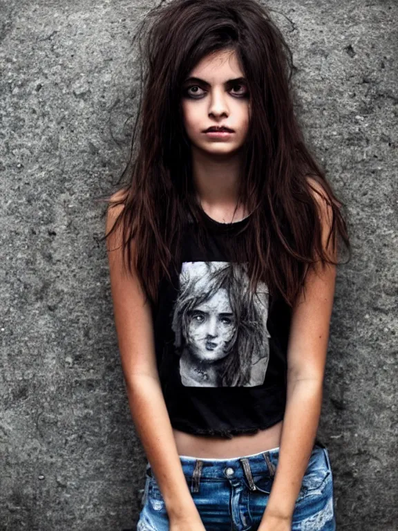 Image similar to hyperdetailed photo of a beautiful italian girl, brown eyes, dark hair, skin, winds of winter, with ripped grunge crop t - shirt fine face, pretty face