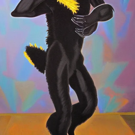 Image similar to portrait of a male anthro black fox furry fursona wearing a salsa dance suit, 1 9 7 0 s oil on canvas painting, by famous artist jylon denja