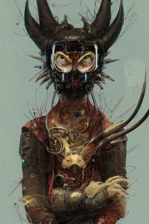 Prompt: a portrait of a cyberpunk japanese devil animal illustrated by miyazaki by karol bak, james jean, tom bagshaw, rococo, sharp focus, trending on artstation, cinematic lighting, hyper realism, octane render, 8 k, hyper detailed, vivid, ultra detailed, highly detailed