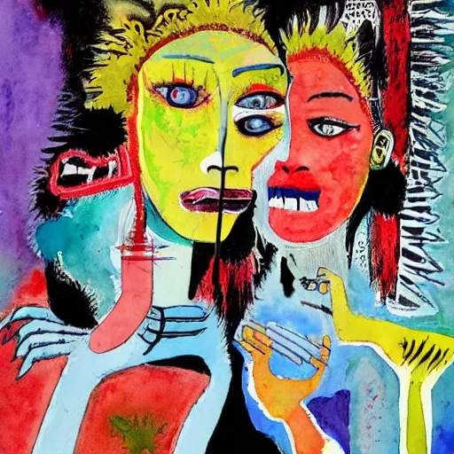 Image similar to watercolor painting of two bizarre psychedelic monster women kissing in japan in winter, speculative evolution, mixed media collage by basquiat and jackson pollock, maximalist magazine collage art, sapphic art, psychedelic illustration