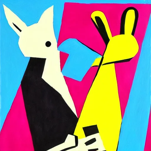 Image similar to a painting of a man and a rabbit holding hands, a cubist painting by michael deforge, featured on pixiv, furry art, modern european ink painting, suprematism, mixed media, anime aesthetic, matte drawing, genderless