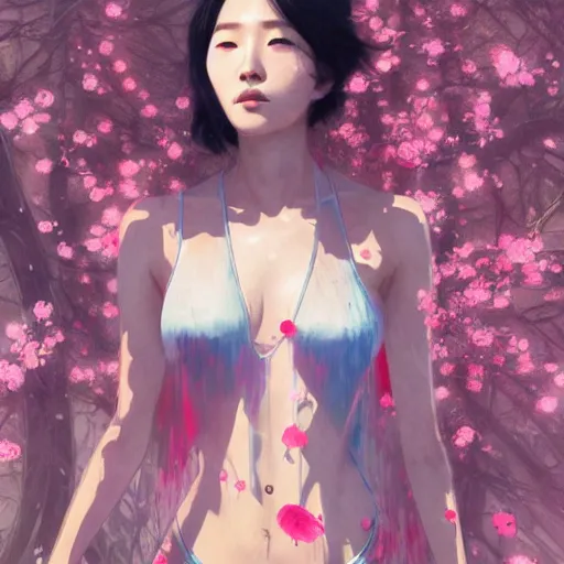 Prompt: lee jin - eun in tempting luxurious space slim suit emerging from pink water in cyberpunk theme by greg rutkowski, claude monet, conrad roset, takato yomamoto, james jean, rule of thirds, seductive look, beautiful, sakura flowers,, refined, masterpiece