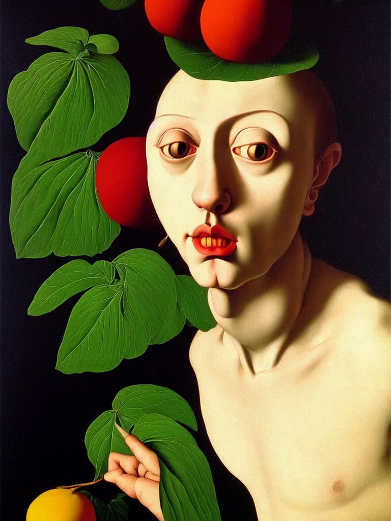 Image similar to hyperrealistic still life portrait a mind imagining itself in the form of beautiful plants, jungian archetypes, by caravaggio, surrealism, vivid colors, serene,, by rene magritte