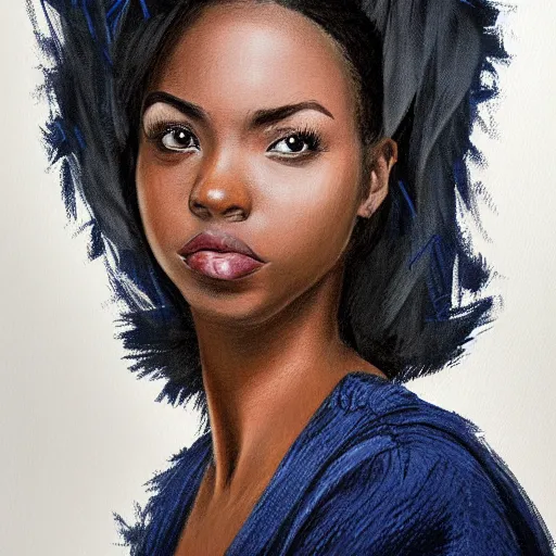 Image similar to portrait of a beautiful woman in an office, dark blue clothes, black hair, dark skin, d & d, high fantasy, deep focus, intricate, elegant, highly detailed, digital painting, sharp focus dynamic pose, ultra realistic illustration