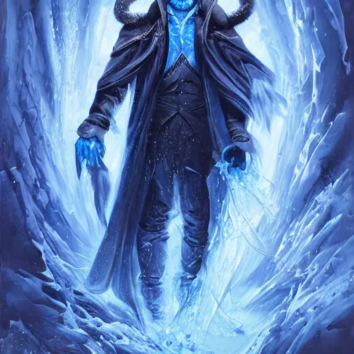 Prompt: a blue tiefling man frozen in ice and shattering into a million pieces, by Tony Sart, detailed, realistic, masterpiece, symmetrical