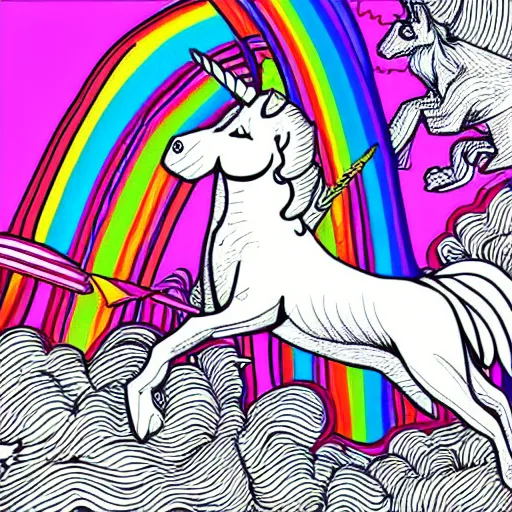 Image similar to old english sheet dog with a unicorn horn and wings flying in the sky with rainbows synthwave line art illustration, 1981, high detail