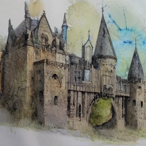 Image similar to (((((((watercolor sketch of Gothic revival castle gatehouse. painterly, book illustration watercolor granular splatter dripping paper texture. pen and ink))))))) . muted colors. by Jean-Baptiste Monge !!!!!!!!!!!!!!!!!!!!!!!!!!!!!!!!!!!!!!!!