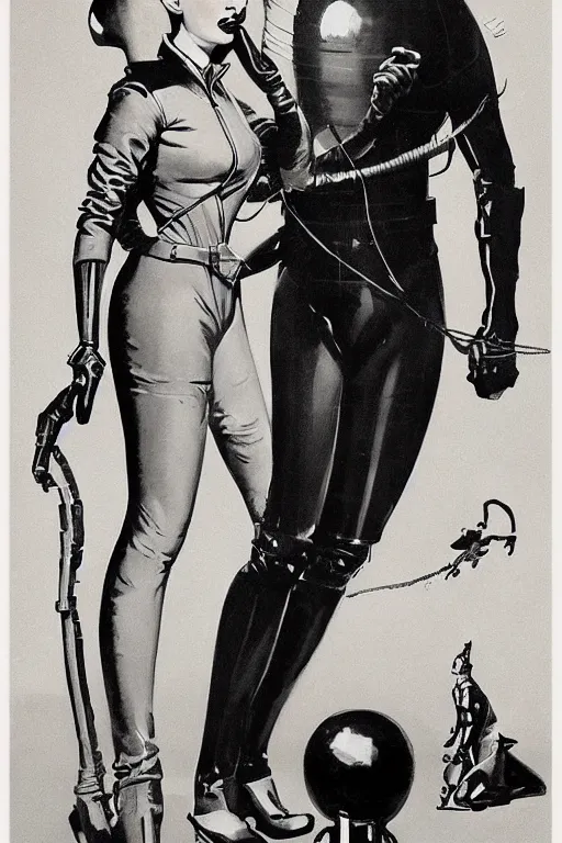 Image similar to 5 0 s pulp scifi fantasy illustration full body portrait elegant woman wearing latex spacesuit standing beside monster, by norman rockwell, edd cartier, roberto ferri, jack kirby, earle bergey, ruan jia, jason fabok, tom lovell, frank r paul, dean cornwell, astounding stories, amazing, fantasy, other worlds