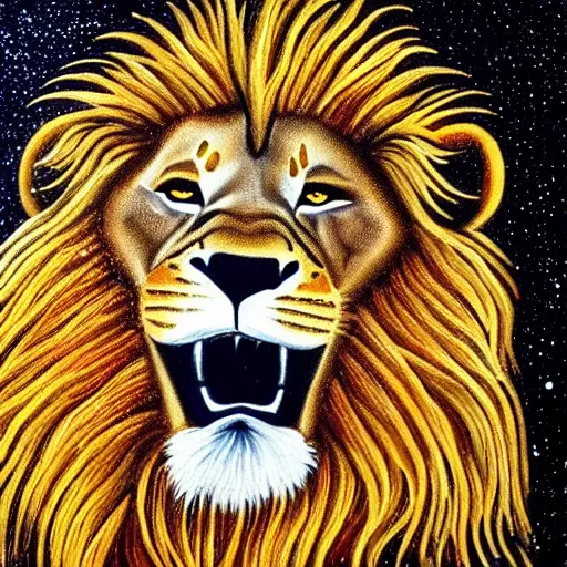 Image similar to a lion made out of stars, shiny eyes, beautiful, centered, artistic painting, detailed, realistic,