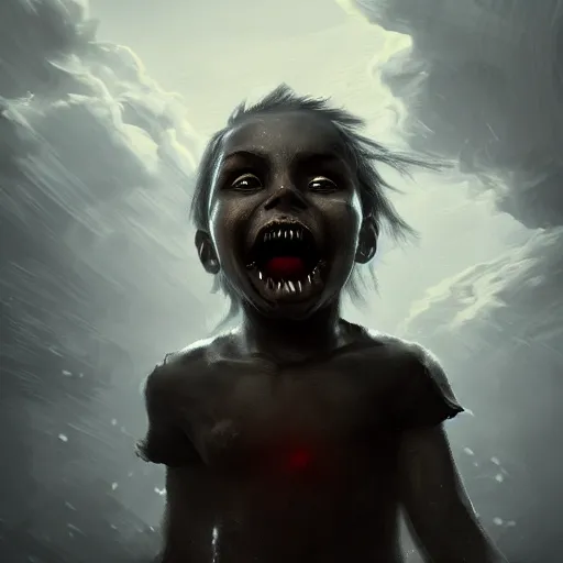 Image similar to child, black eyes, sharp teeth, portrait, hellscape, intricate, detailed, volumetric lighting, scenery, digital painting, highly detailed, artstation, sharp,