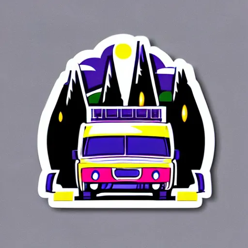 Prompt: a white and black cute thor chateau! motorhome camper!!, highway, mountains and sunset!!, very happy, colorful minimal vector art sticker by tom whalen