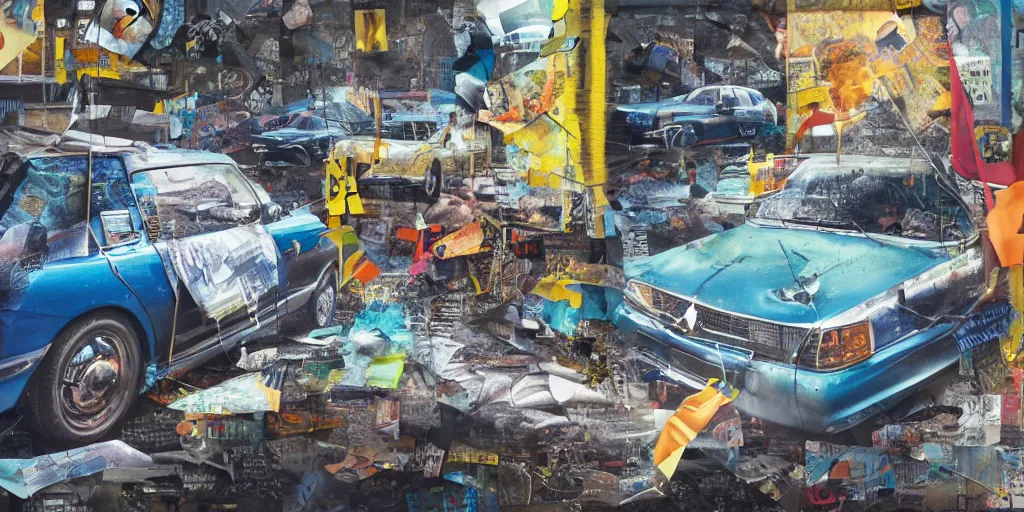 Prompt: car wash, collage paper and tape, acrylic on canvas and hyperrealism mixed with collage, high resolution, cinematic, unreal 6, breathtaking detailed, by peter bankov